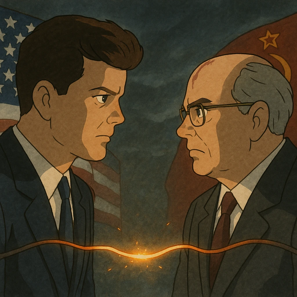 realistic illustration of John F. Kennedy and Mikhail Gorbachev facing each other, a glowing hot wire connecting them, US and Russian flags, tense Cold War atmosphere emoji
