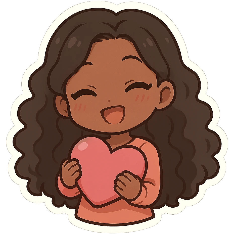 chibi anime black girl with long curly hair, smiling, holding a pink heart, pose 2 emoji