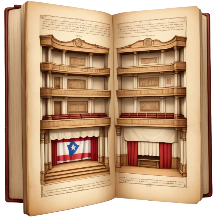 Open antique book with clearly visible detailed stage design sketches spread across both pages, showing theater elevation drawings and floor plans, Puerto Rican flag colors in the sketches, wooden bookmark emoji