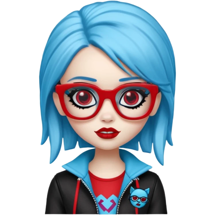 Ghoulia yelps monster high doll in scene/emo style clothes, red rectangle glasses emoji