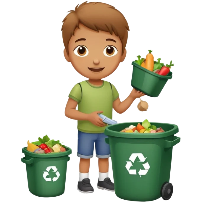 child putting food waste in a dustbin, cheerful and responsible emoji