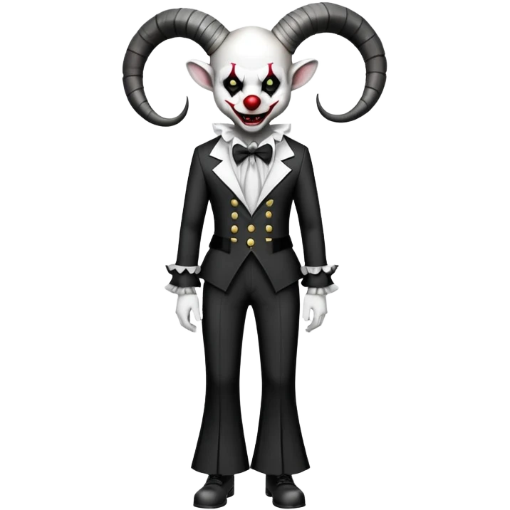 full-body demonic clown in black and white leisure suit with bellbottom pants, bald, black ram horns, flashy black and white belt, ruffled white shirt, no neck tie, large fangs emoji