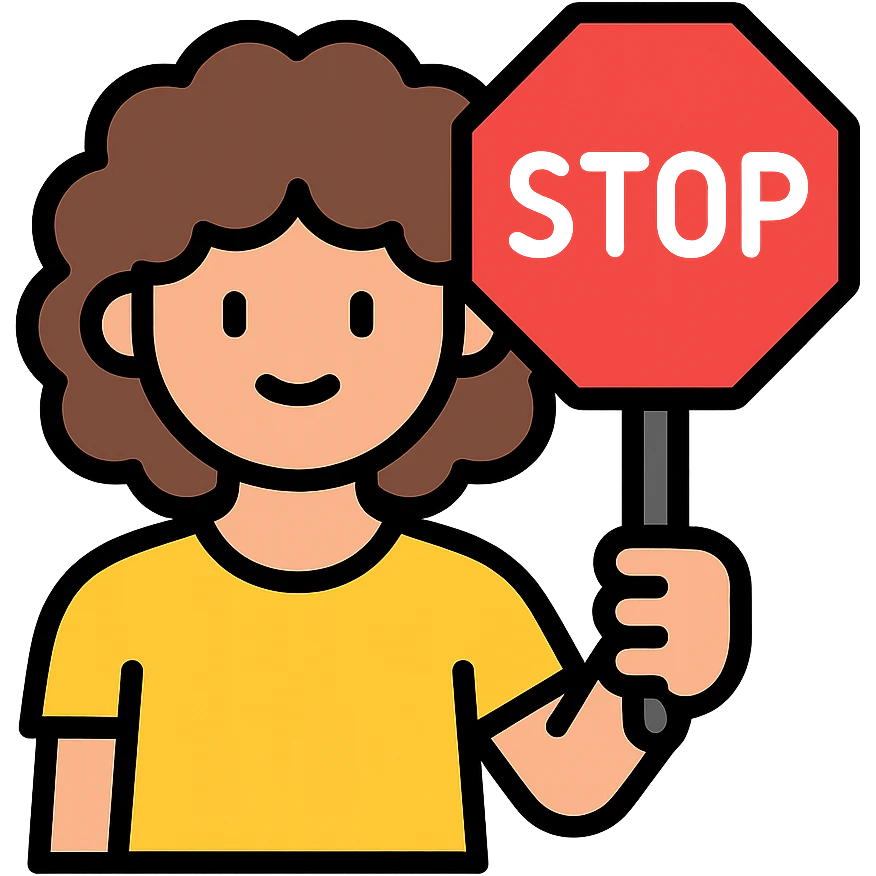 brunette person with curly hair holding a stop sign, color outline icon emoji