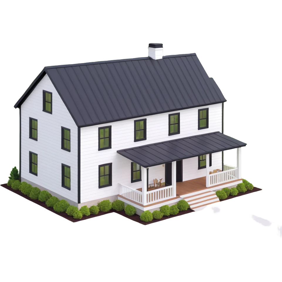 modern farmhouse with white siding, black roof and black trim, isometric exterior view emoji
