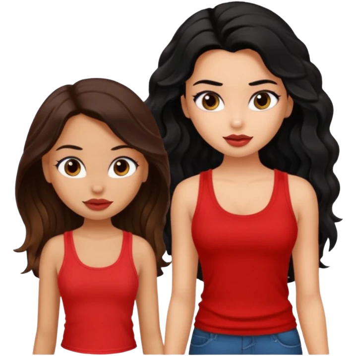 generate a pretty tan bratz girl with brown wavy hair long wearing a red tank top talking to a girl with black hair emoji