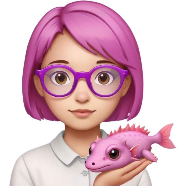 Una niña con gafas redondas en rosa, pelo castaño, corto y recogido, ojos marrones y de mascota un ajolote morado emoji