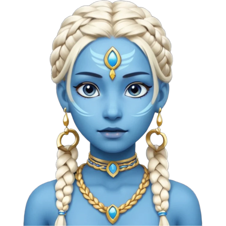 Draw a Na’vi female with glowing blue skin, white forehead markings, braided hair, gold earrings & a calm gaze. emoji