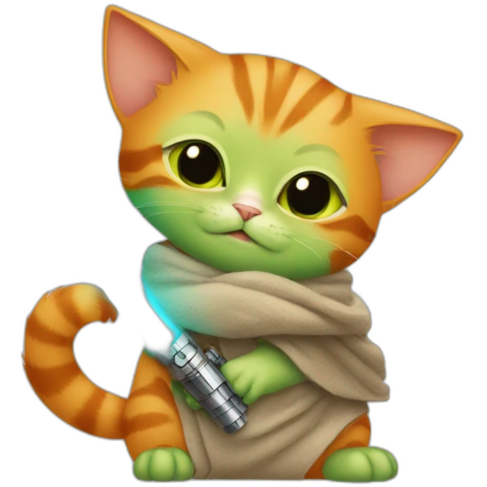 Orange cat with lightsaber and baby yoda hugging emoji