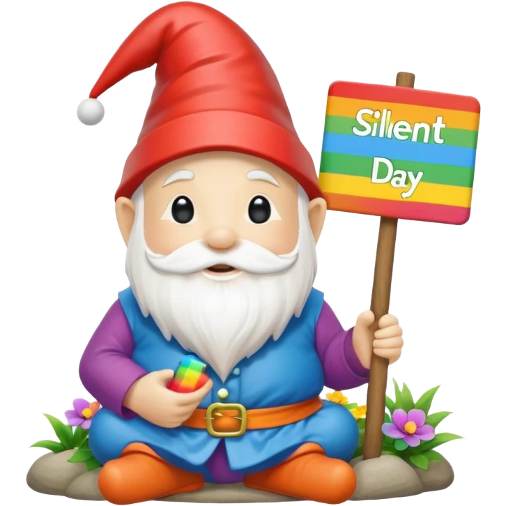 A zen rainbow garden gnome, holding a sign reading "Silent Letter Day, who's with me?” emoji