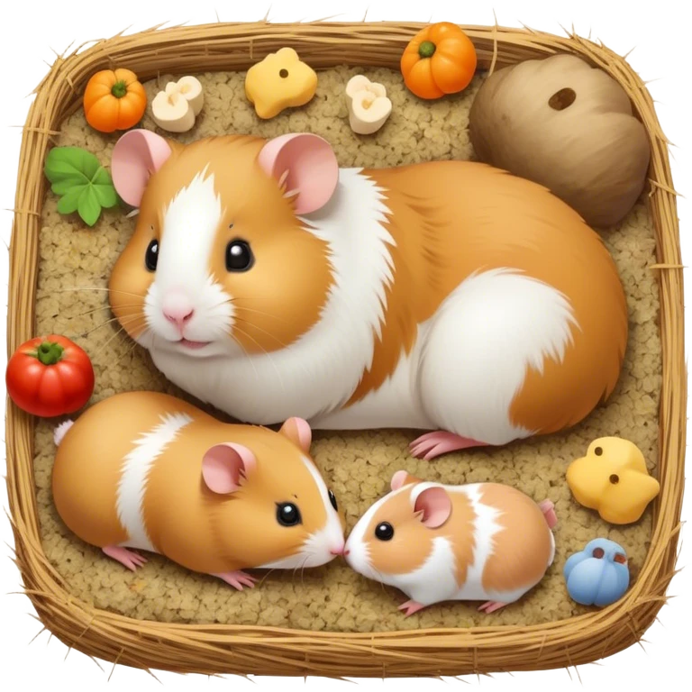 Icon for Hamster and Guinea Pig: A cute, colorful collage with a fluffy hamster and a chubby guinea pig munching on some hay. Soft, playful background with tiny food pellets and a cozy bedding area. Transparent background. emoji