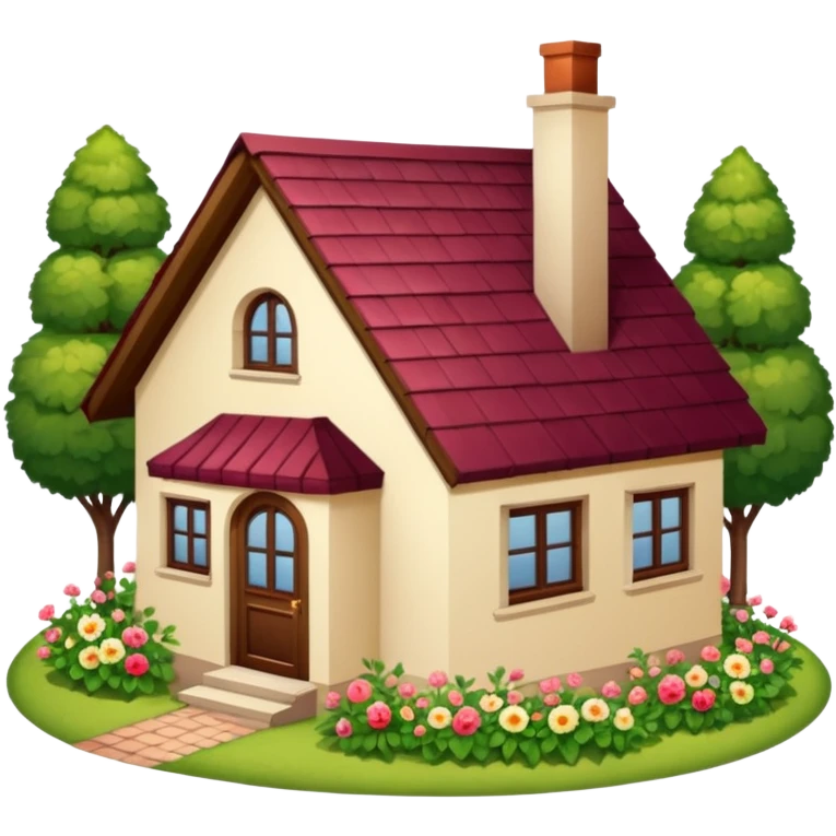 A dacha with a burgundy tiled roof and a garden emoji