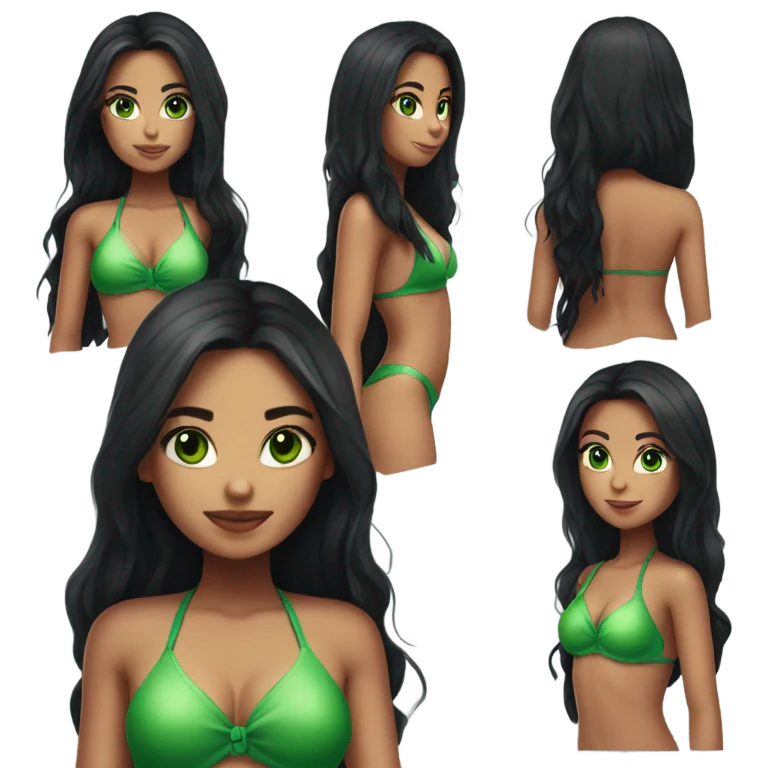 girl with long black hair, green eyes posing in bikini emoji