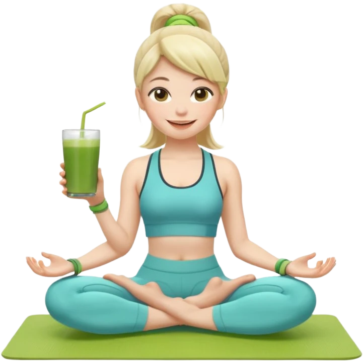 Девушка-мемоджи радостно сидит на коврике для йоги, в спортивной позе, в ярком стильном спортивном комплекте. Лицо сияющее, улыбка очень довольная и счастливая, в руках яркий стакан освежающего матча-лимонада, вокруг атмосфера свежести, отдыха и комфорта. Белый фон. 2 руки и 2 ноги emoji