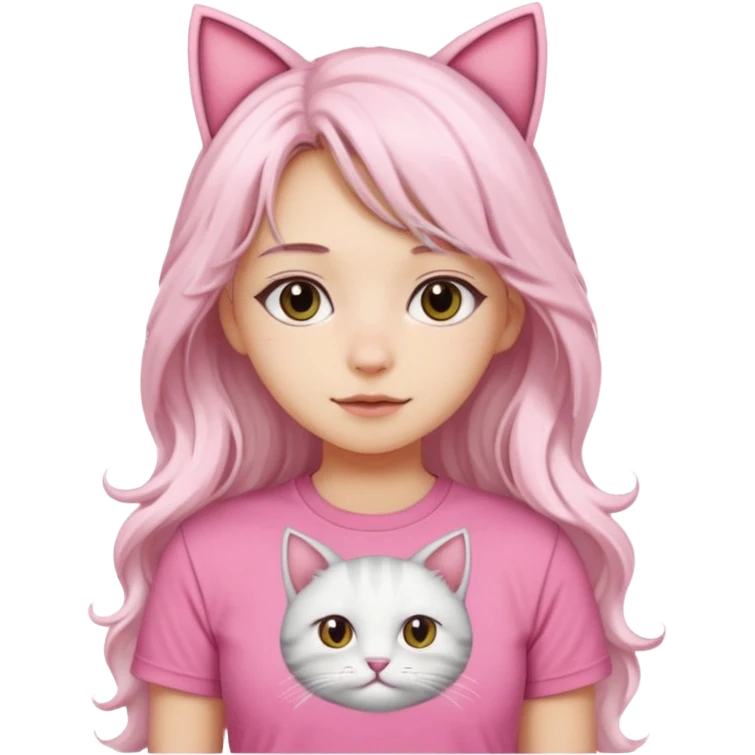 girl with long wavy white hair and cat ears wearing pink tshirt emoji