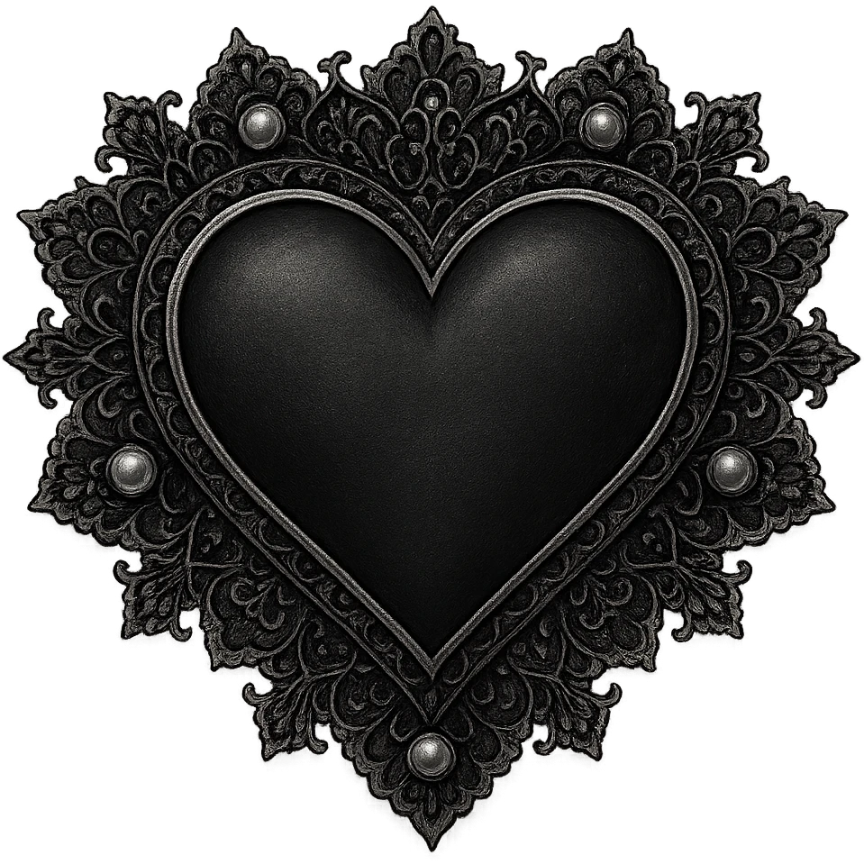 gothic style heart with a lace border and pearls, black and silver colors, transparent background emoji