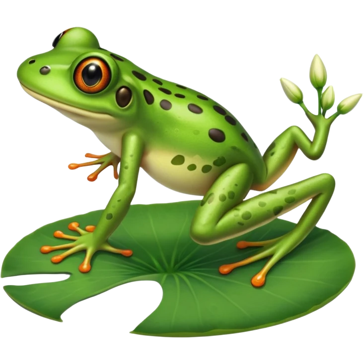 A realistic frog jumping from one Lilly pad to another emoji