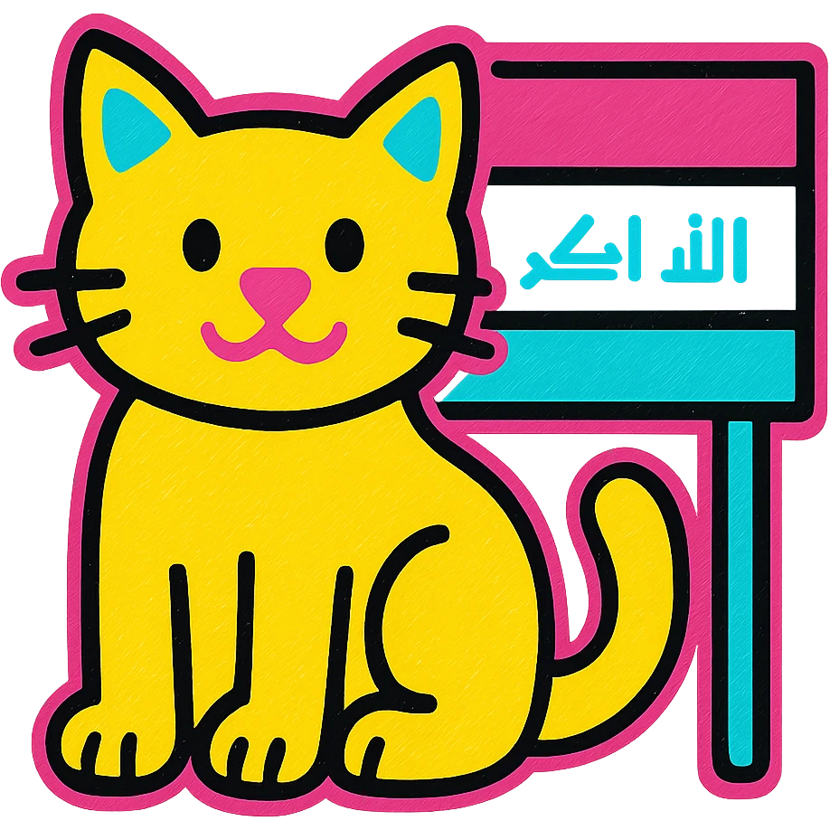 cat sitting beside the Iraq flag, simple and bold design, clean lines, vibrant colors emoji