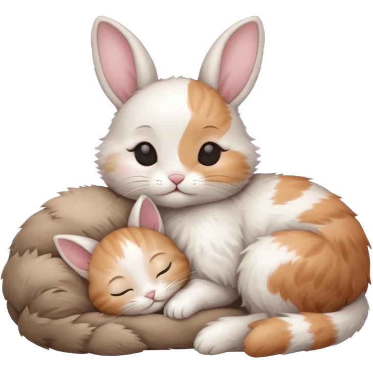 A little kitten sleeping next to a sweet rabbit  emoji