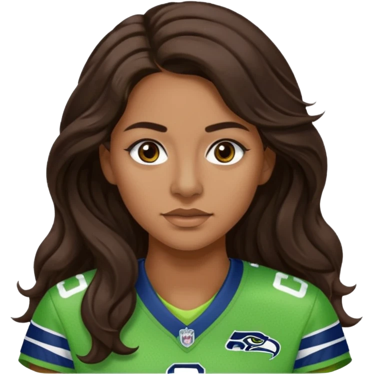 Long wavy Dark brown hair, brown eyes with small nose ring of seahawks fan women emoji
