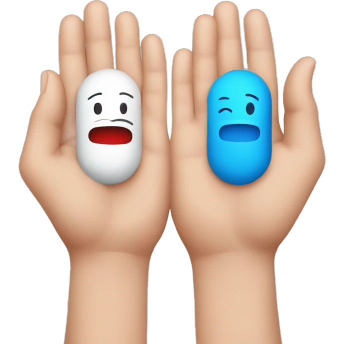 two pills in his hands, one blue, the other red emoji