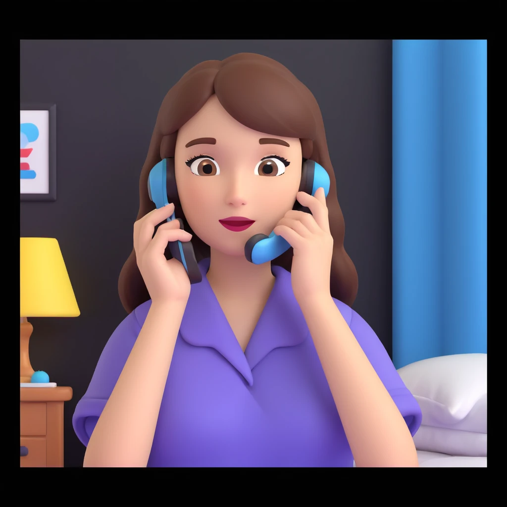 girl talking on phone bedroom background, close up pose emoji