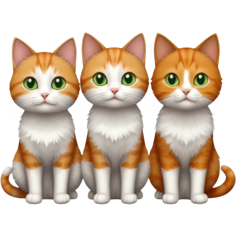 full body of 3 tiny short hair cats including a dark grey and white cat with green eyes, a ginger and white with orange eyes and a brown tabby and white with hazel eyes emoji