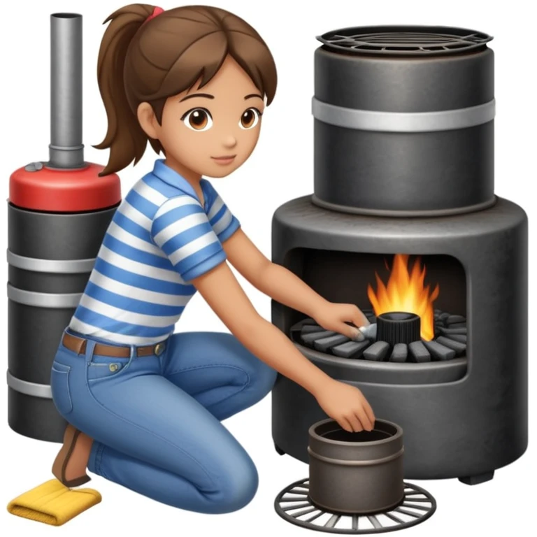 Metal cylindrical coal stove with a girl cleaning it while kneeling, seen from behind, wearing jeans and a striped shirt emoji