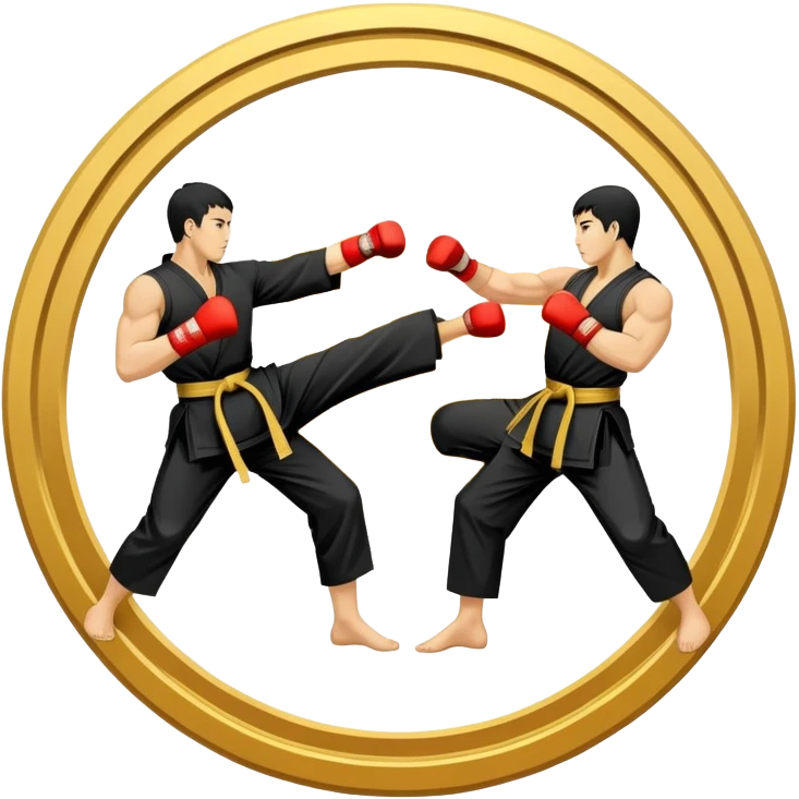Round emblem symbolizing striking martial arts. The emblem features two fighters in dynamic stances, one delivering a powerful punch while the other defends with a block. In the center, a stylized fist and foot crossed to represent the essence of striking.  emoji