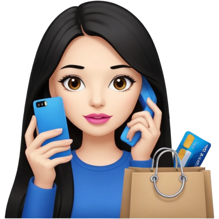 Girl with long black hair, pink lipstick, brown eyes on the phone holding shopping bags and blue credit card emoji