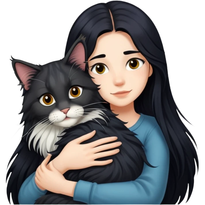 A girl with long black  hair tightly hugged a Maine coon emoji