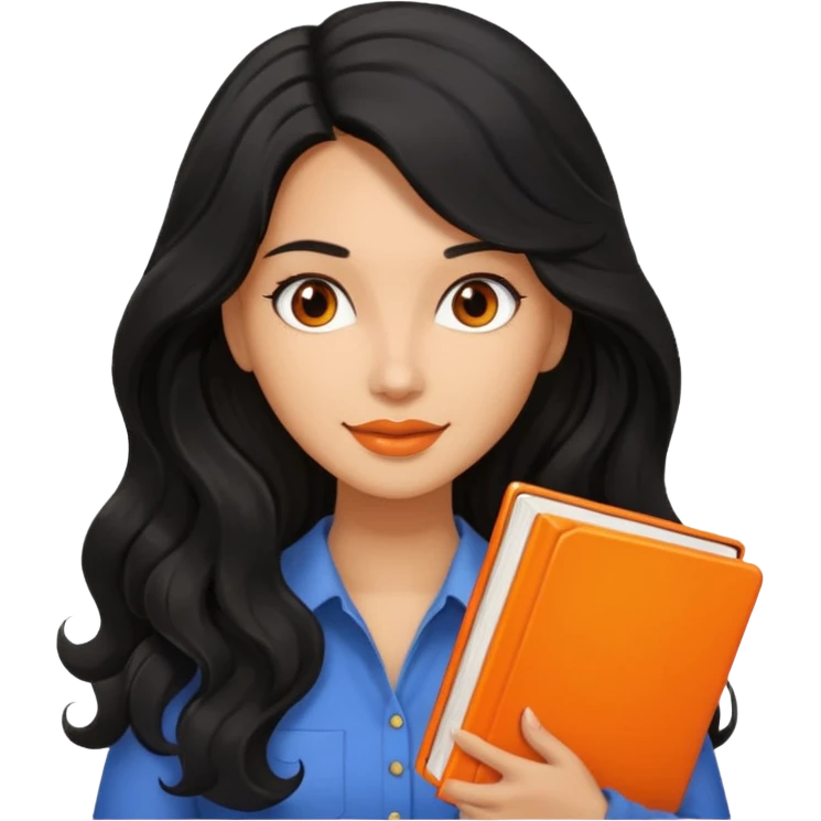 Long Hair Women with orrange Book, Black wavy hair emoji