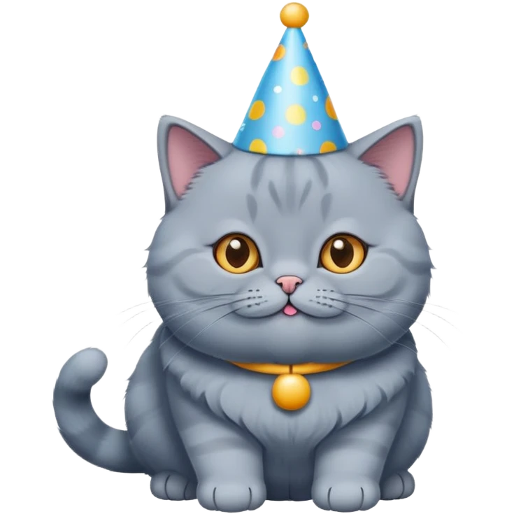 British shorthair blue cat happily wears a birthday hat emoji