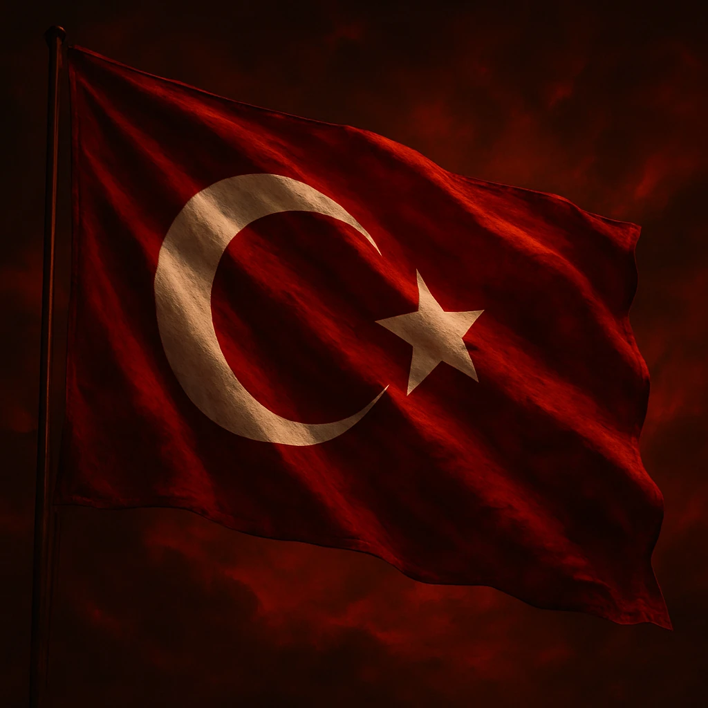 An artistic Turkish flag waving, dramatic red background, white crescent and star, high detail, realistic lighting, cinematic and proud atmosphere. emoji