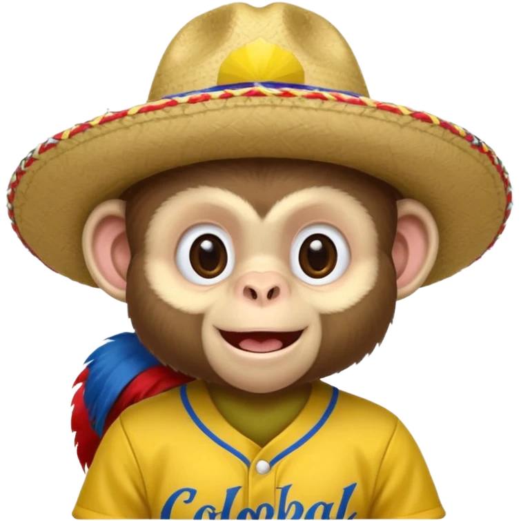 Un mono capuchino que predomine el color café, cara clara y expresiva, que lleve uniforme de softbol de Colombia, con un sombrero vueltiao' un poco inclinado, alegre, atlético y una gorra que diga "Yaifer" emoji
