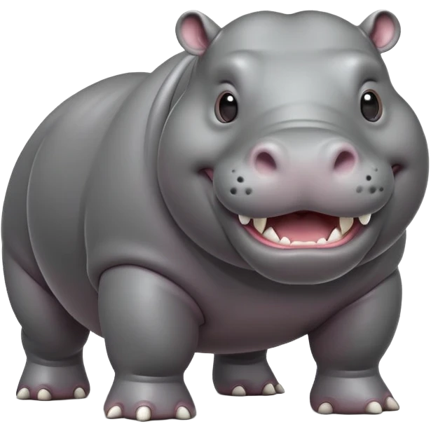 cinematic-hippo-realistic-full-body-side-view-standing-on-all-fours-emoji,-massive-round-frame,-wide-mouthed-grin-exposing-huge-teeth,-head-tilted-dramatically,-thick-grey-hide-glossy emoji