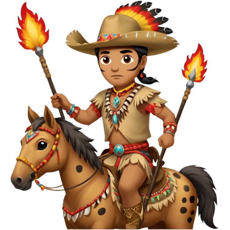 Male Chief Osceola wearing traditional Seminole garb and face paint , riding Appaloosa horse while holding a Native American spear that has feathers on tail and flames on spear head emoji