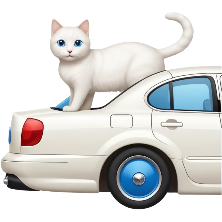 Please create a small emoji the size of 🚗 featuring a pure white cat with stubby tail with blue eyes on a white saloon car viewed from side. Again it is necessary that the emoji must be extremely small, much smaller than a standard sized sticker. emoji