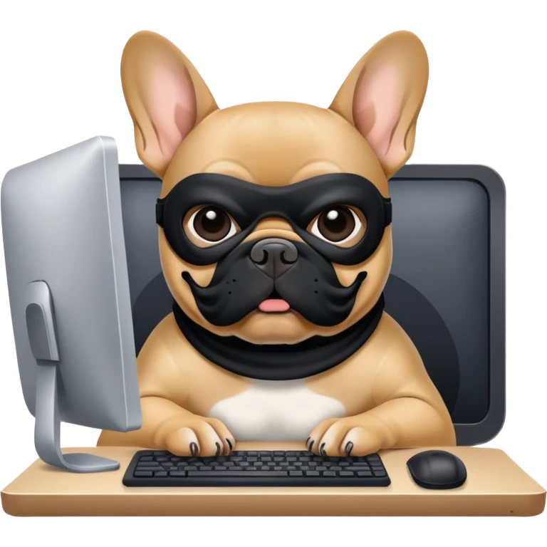 Tan french bulldog working behind computer emoji