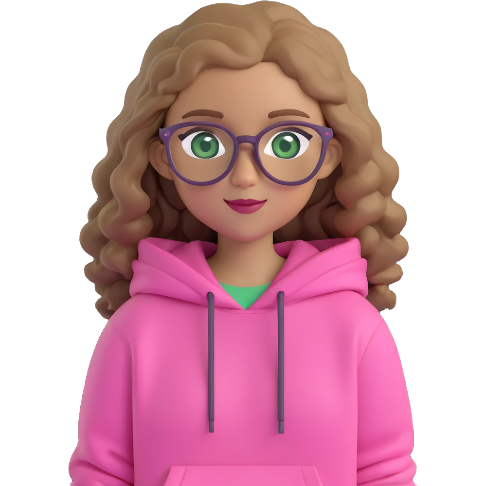 girl with dark blonde wavy hair, green eyes, wearing a pink hoodie and brown glasses, friendly expression emoji