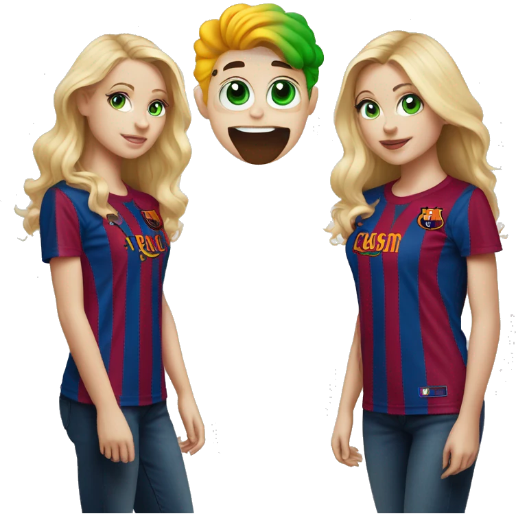 two blonde friends one has green eye in fc barcelona T-shirt emoji