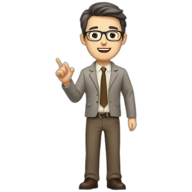 To belt Actively gesturing with hands Pale skinned fit man teacher with dark brown hair in gray jacket, beige office shirt, brown tie, brown pants and vintage glasses. emoji