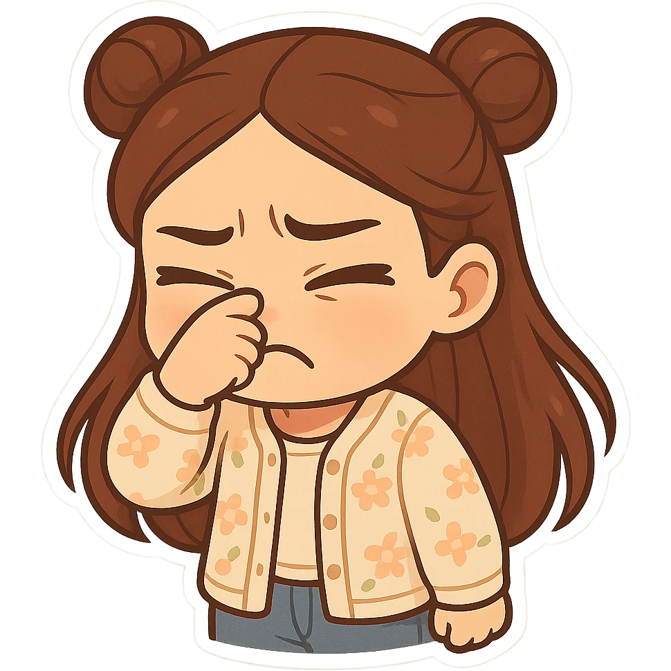 Create a chibi sticker of the girl from the reference image. She has brown straight hair in double buns, brown eyes, wearing a pastel floral cardigan and jeans. She is pinching her nose and frowning, as if something smells really bad. The sticker should have a white outline and a transparent background, 512x512px. emoji