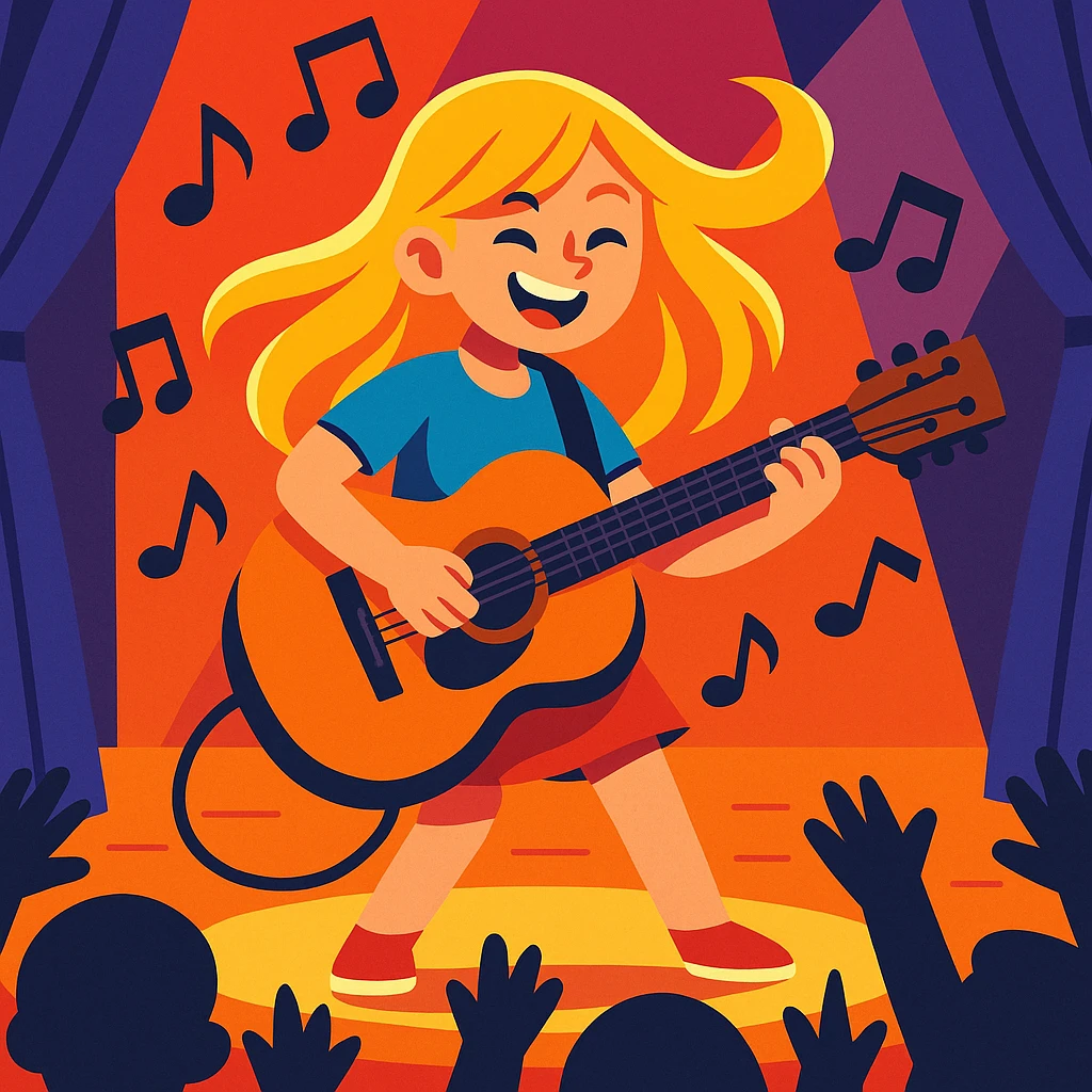blonde girl playing guitar on a stage, music notes in the air, energetic concert vibe emoji