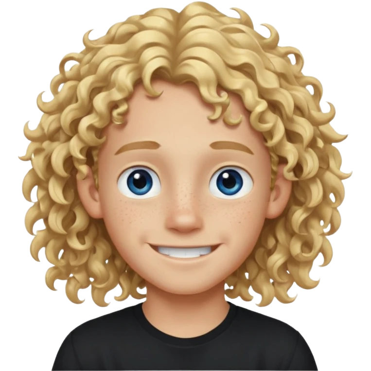 blonde boy with long curly hair past his ears, smiling, wearing a black shirt with freckles and blue eyes emoji