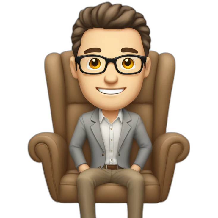 Joyful Pale skinned Fit Man With dark brown hair in gray jacket, beige office shirt, Brown pants and vintage glasses sitting In a soft chair. His thrumbs up emoji