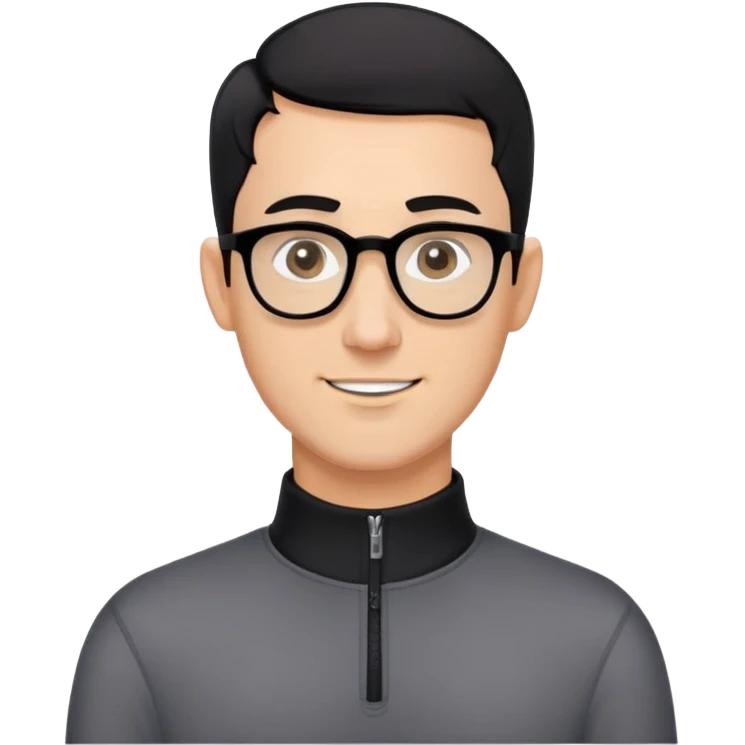 Caucasian man with black hair cut extremely short (almost buzz cut), short beard with gray streaks, large black eyeglasses, cheerful expression, black long sleeve shirt with quarter zip collar emoji