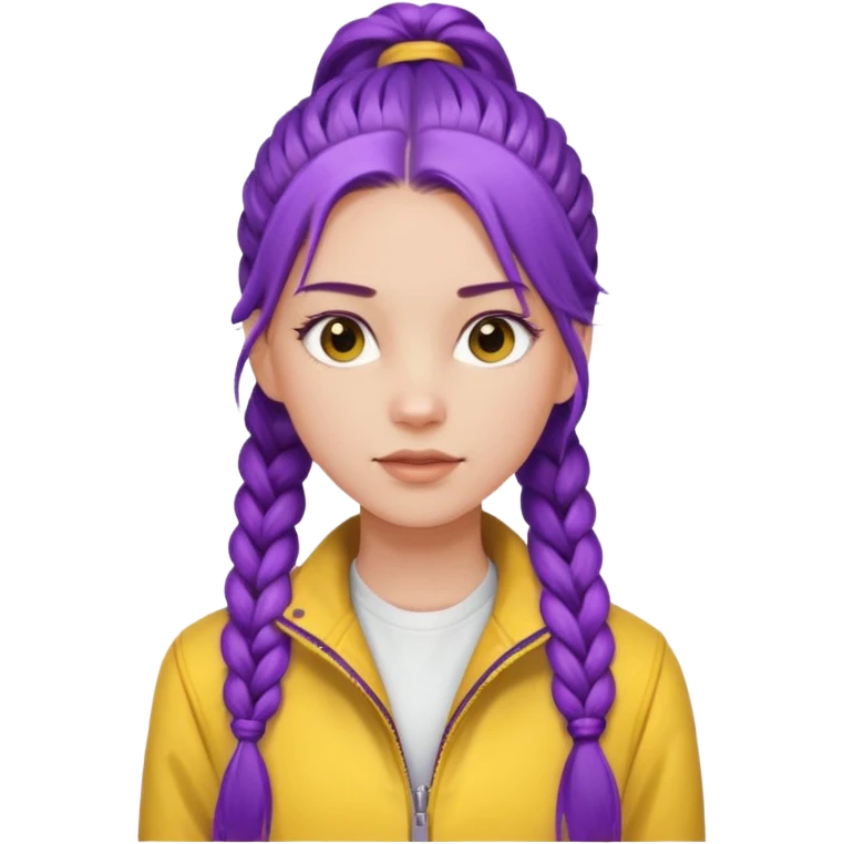 a beautiful girl face, long purple high pony braided hair from the forehead, wearing a white shirt and a yellow jacket emoji
