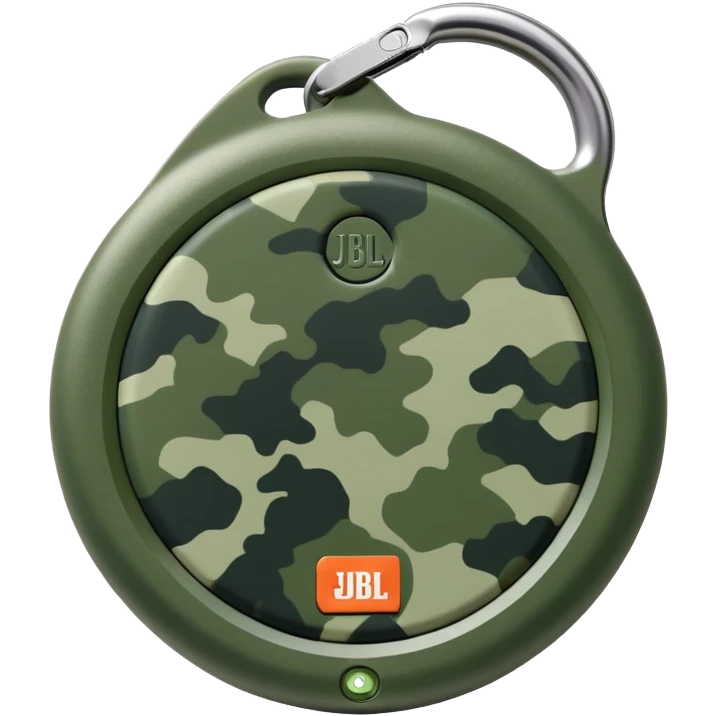Highly simplified JBL Clip 4 speaker with proper circular form and carabiner clip, subtle green camouflage pattern, iOS emoji style emoji
