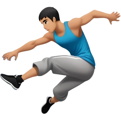 A person performing a parkour move, leaping between buildings or scaling a wall with agility and precision. The scene captures dynamic motion, showcasing strength, flexibility, and the thrill of urban acrobatics against an urban cityscape backdrop. emoji