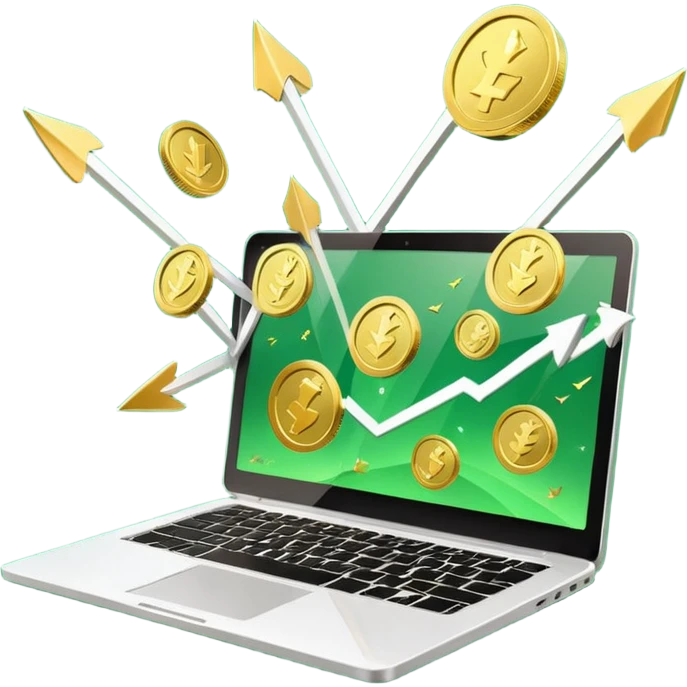 3D laptop icon with gold coins flying out of screen, green color (#0B3D2C), gold accents (#C9B037), upward arrows, glossy modern style, transparent background emoji